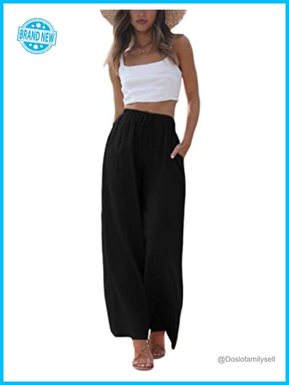 Cotton Linen Palazzo Pants Wide Leg Flowy Beach Trousers with Pockets